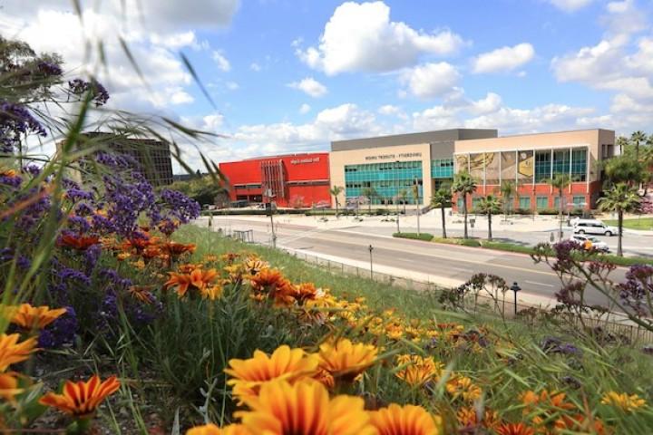 The University-Student Union building on a sunny day with flowers in the foreground